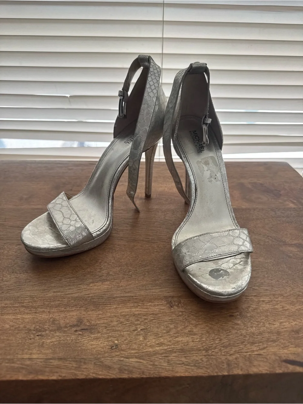 Michael Kors Silver Snakeskin-Pattern Ankle-Strap Stilettos